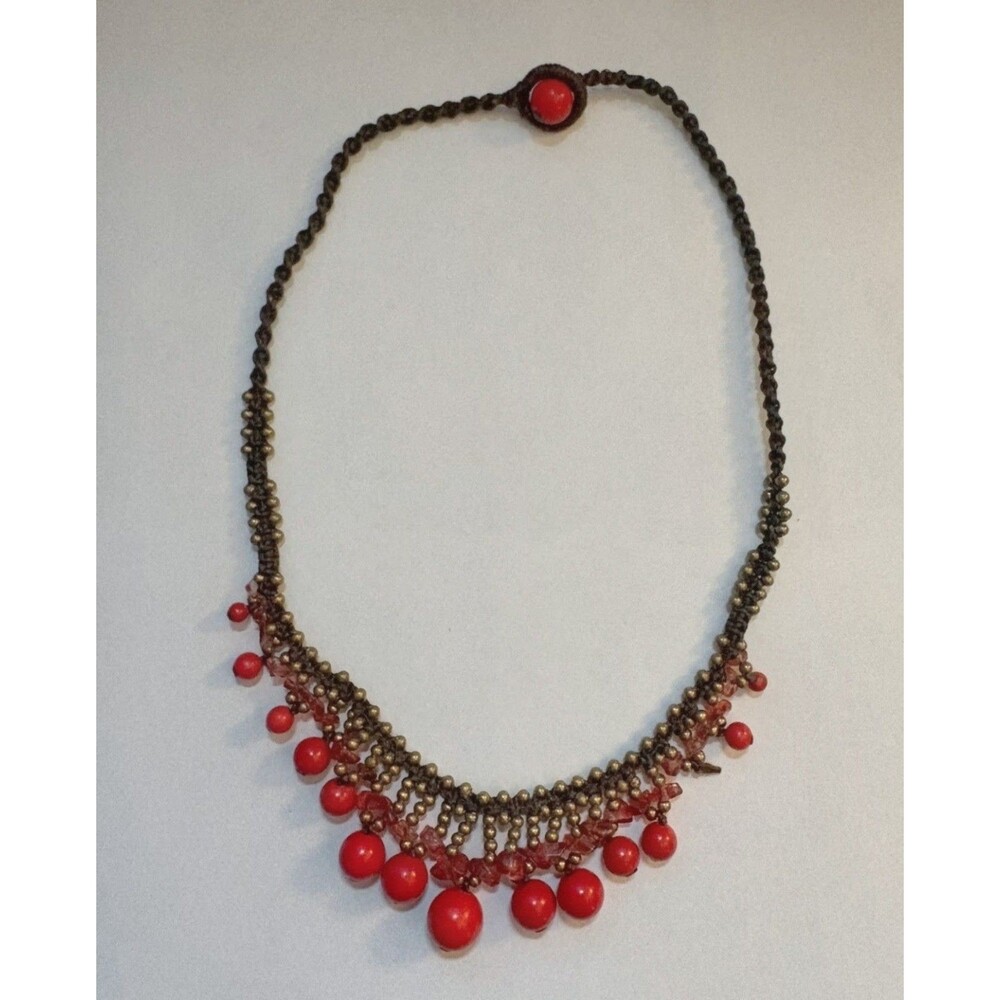 Handmade Knotted Brass Bead Bib Necklace Red Drop Beads Boho Tribal Statement - Picture 9 of 16